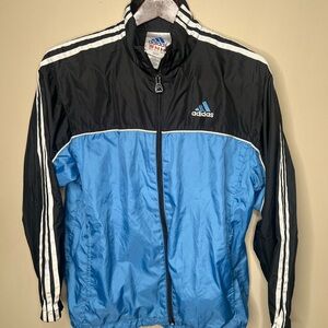 Men’s Vintage 90s Adidas Zip Up Track Windbreaker. Blue, Black. Medium.